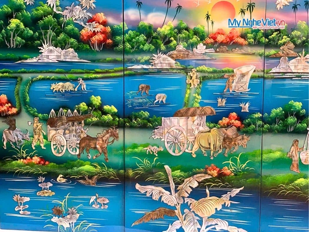 Bộ Tranh Sơn Mài Đồng Quê Cẩn Ốc Nổi Nền Xanh