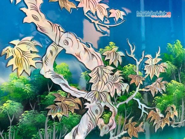 Bộ Tranh Sơn Mài Đồng Quê Cẩn Ốc Nổi Nền Xanh