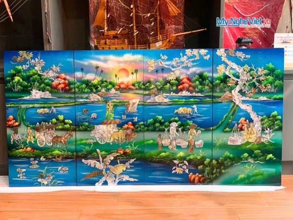 Bộ Tranh Sơn Mài Đồng Quê Cẩn Ốc Nổi Nền Xanh