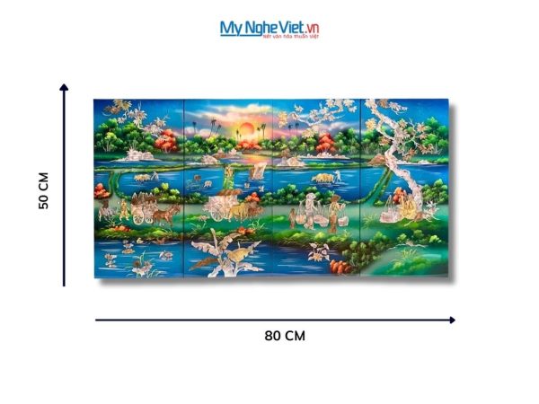 Bộ Tranh Sơn Mài Đồng Quê Cẩn Ốc Nổi Nền Xanh