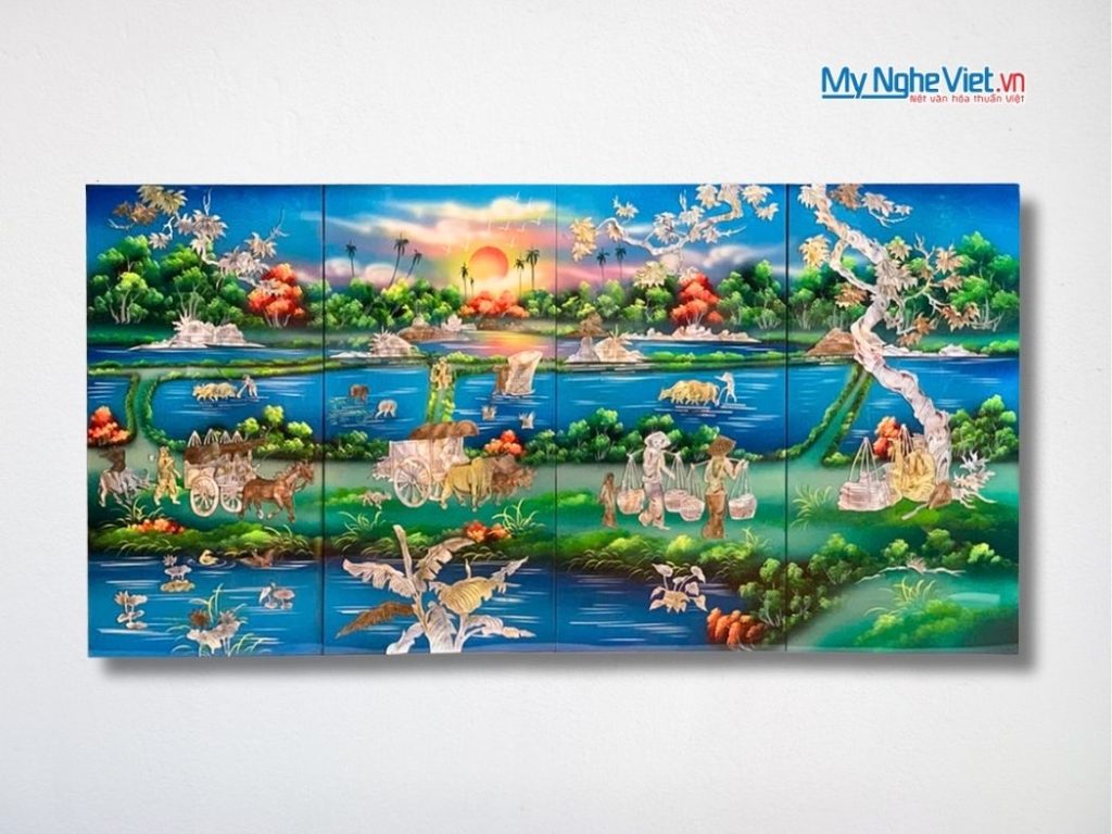 Bộ Tranh Sơn Mài Đồng Quê Cẩn Ốc Nổi Nền Xanh