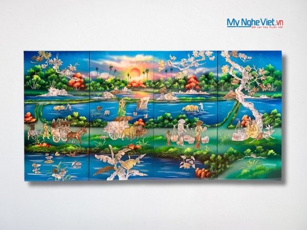 Bộ Tranh Sơn Mài Đồng Quê Cẩn Ốc Nổi Nền Xanh