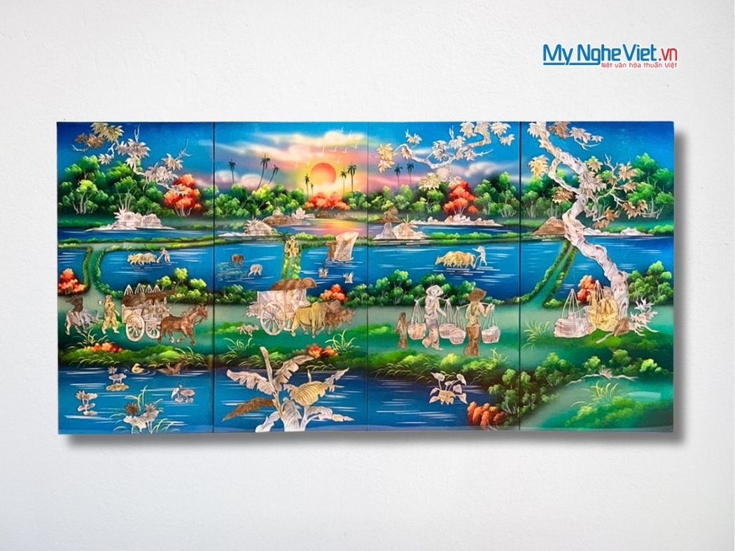 Bộ Tranh Sơn Mài Đồng Quê Cẩn Ốc Nổi Nền Xanh