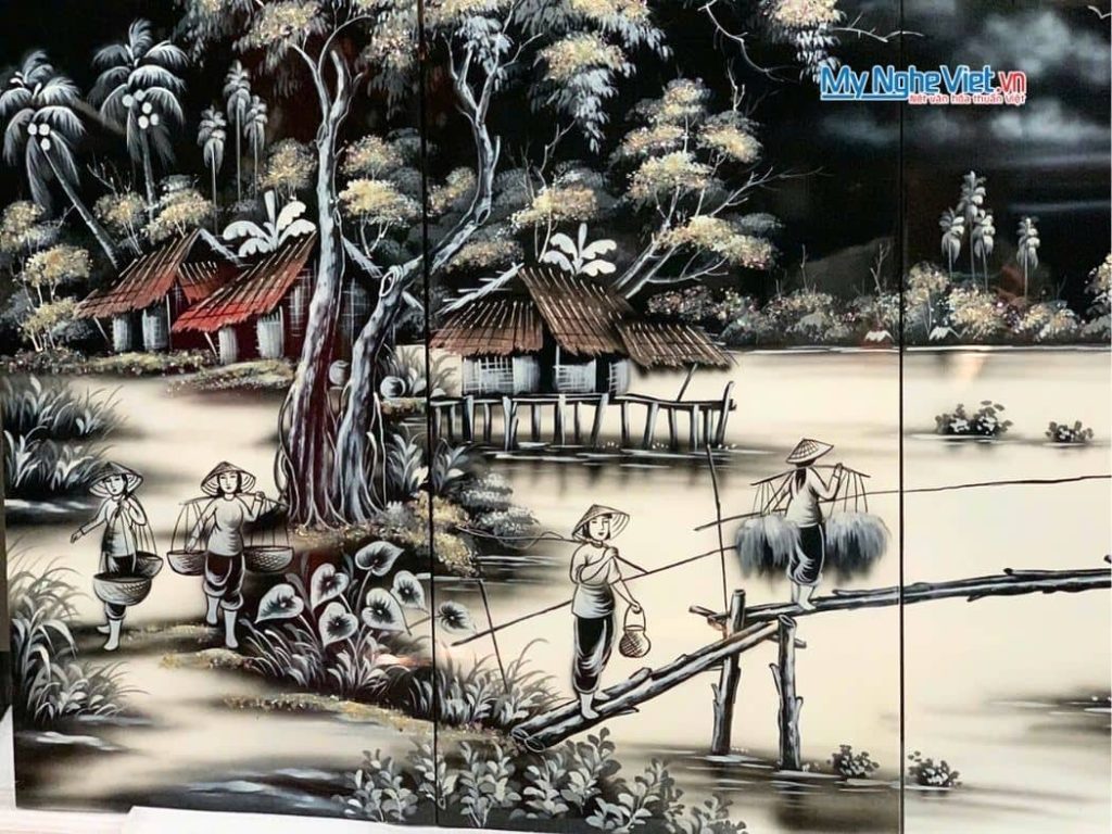 Bộ Tranh Sơn Mài Đồng Quê Trắng Đen