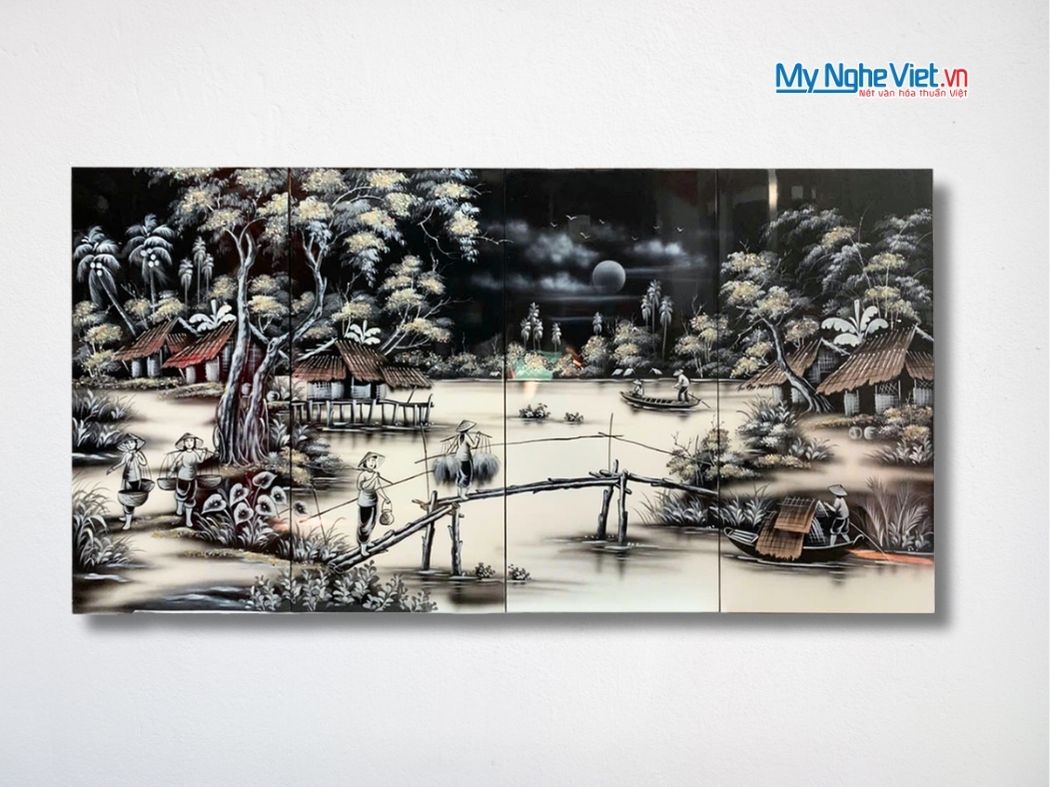 Bộ Tranh Sơn Mài Đồng Quê Trắng Đen