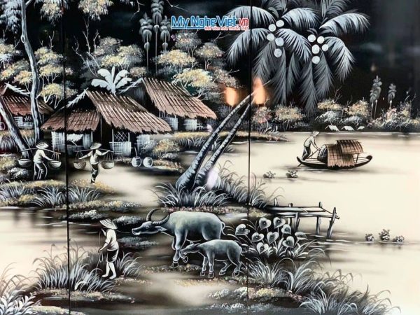 Bộ Tranh Sơn Mài Đồng Quê Trắng Đen