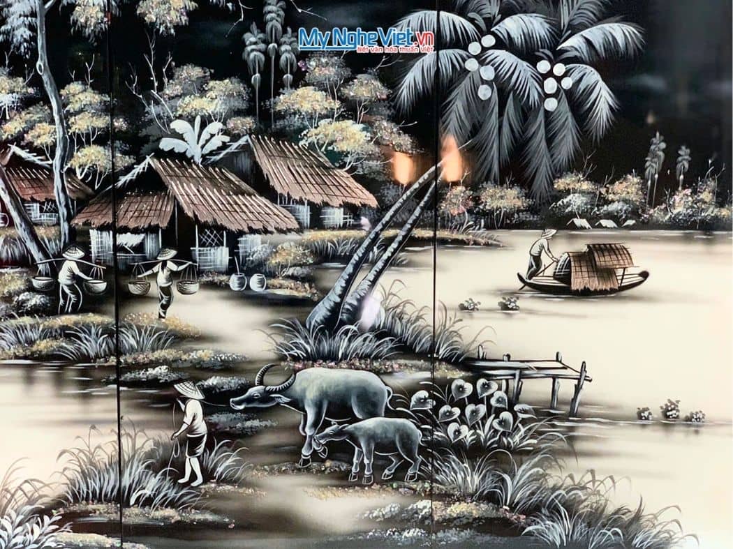 Bộ Tranh Sơn Mài Đồng Quê Trắng Đen