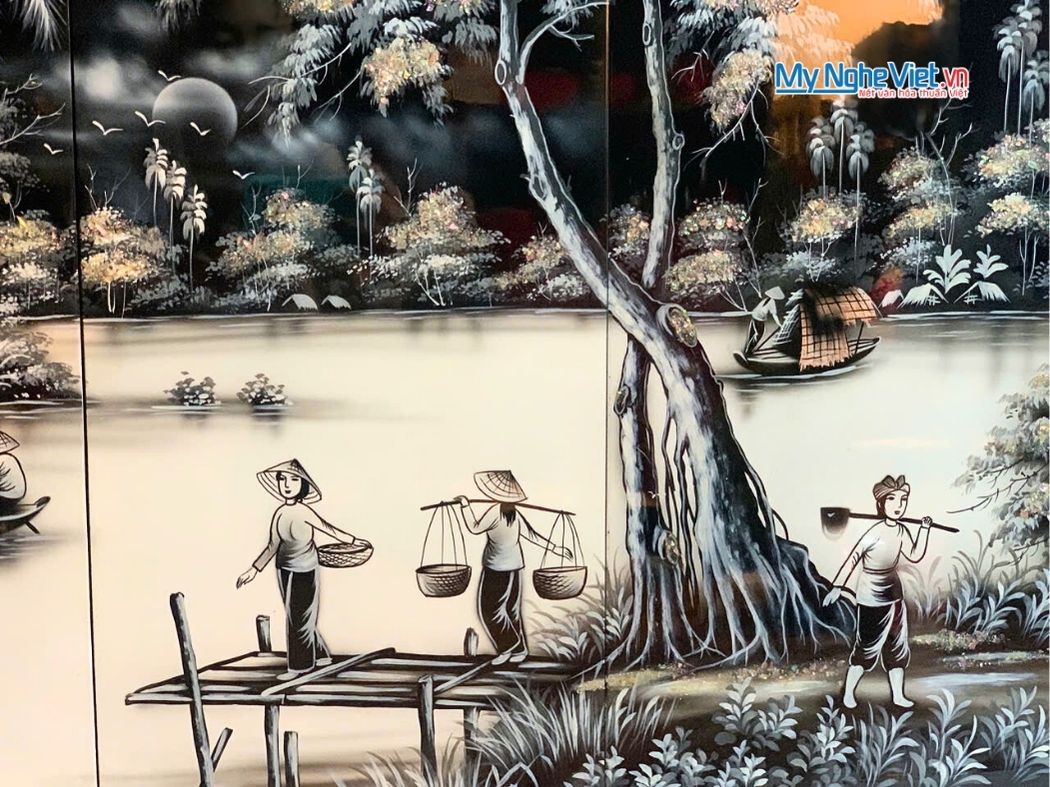 Bộ Tranh Sơn Mài Đồng Quê Trắng Đen