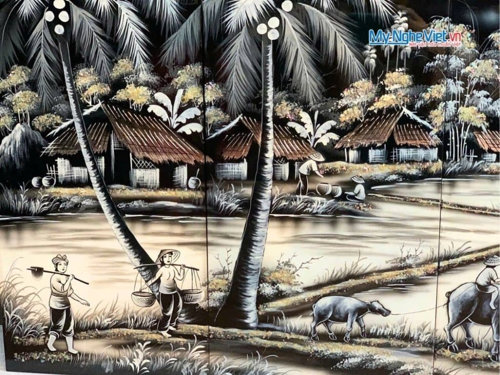 Bộ Tranh Sơn Mài Đồng Quê Trắng Đen