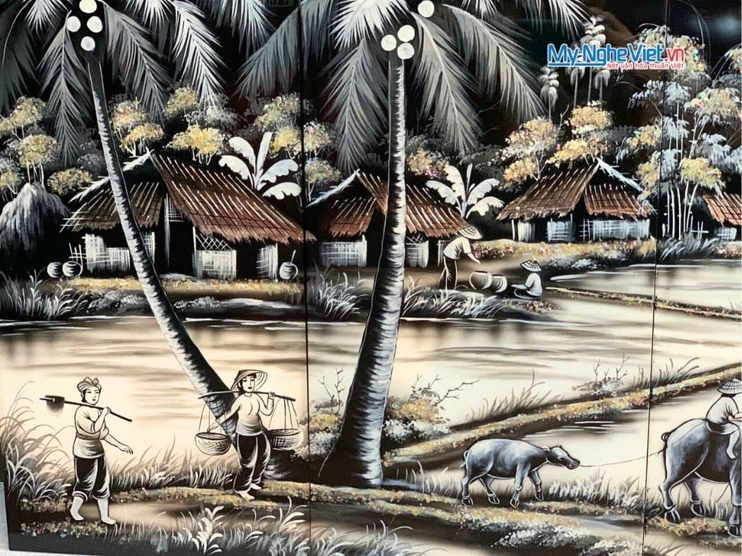 Bộ Tranh Sơn Mài Đồng Quê Trắng Đen