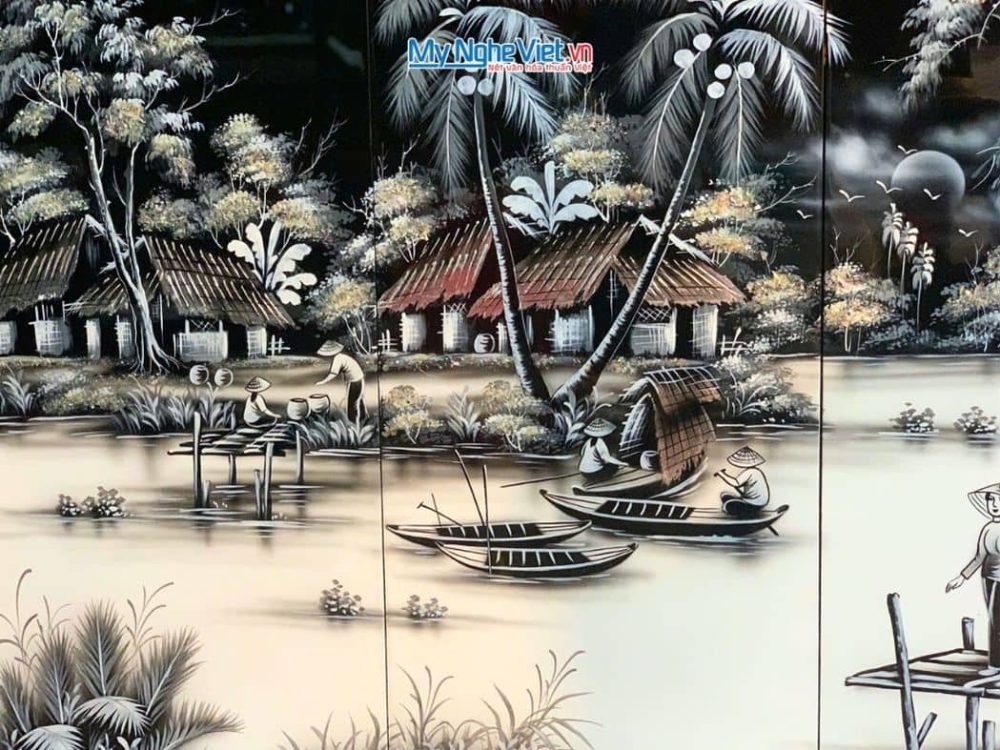 Bộ Tranh Sơn Mài Đồng Quê Trắng Đen