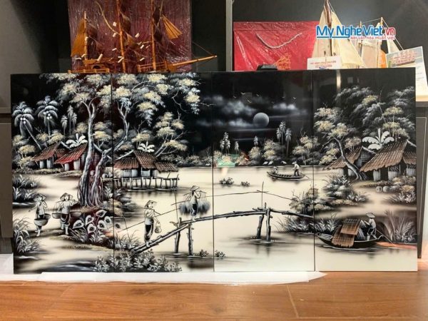 Bộ Tranh Sơn Mài Đồng Quê Trắng Đen