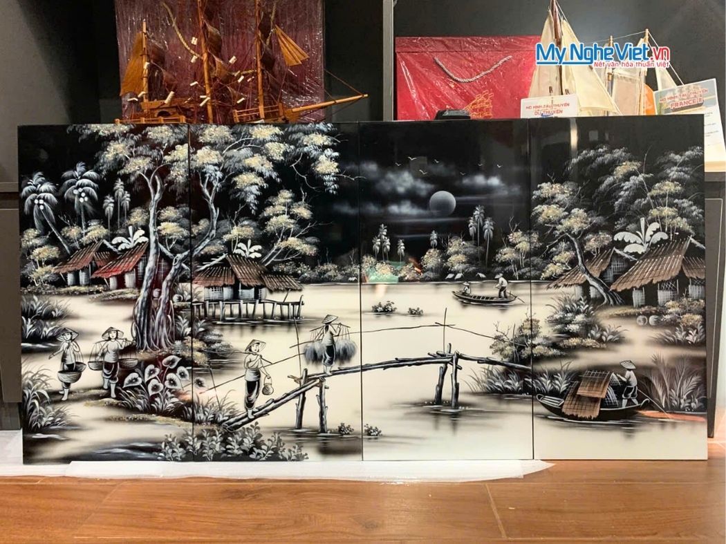 Bộ Tranh Sơn Mài Đồng Quê Trắng Đen