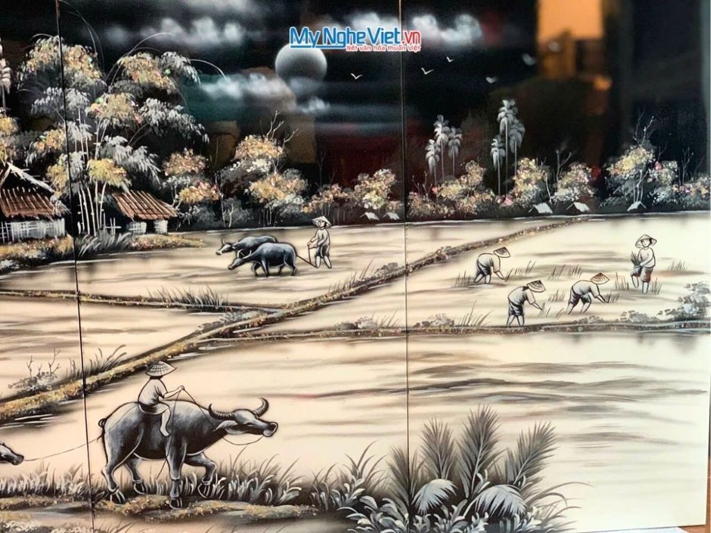 Bộ Tranh Sơn Mài Đồng Quê Trắng Đen