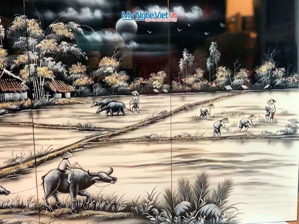 Bộ Tranh Sơn Mài Đồng Quê Trắng Đen