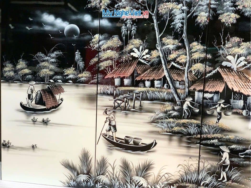 Bộ Tranh Sơn Mài Đồng Quê Trắng Đen