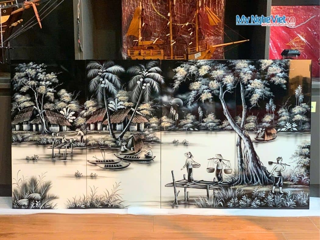 Bộ Tranh Sơn Mài Đồng Quê Trắng Đen