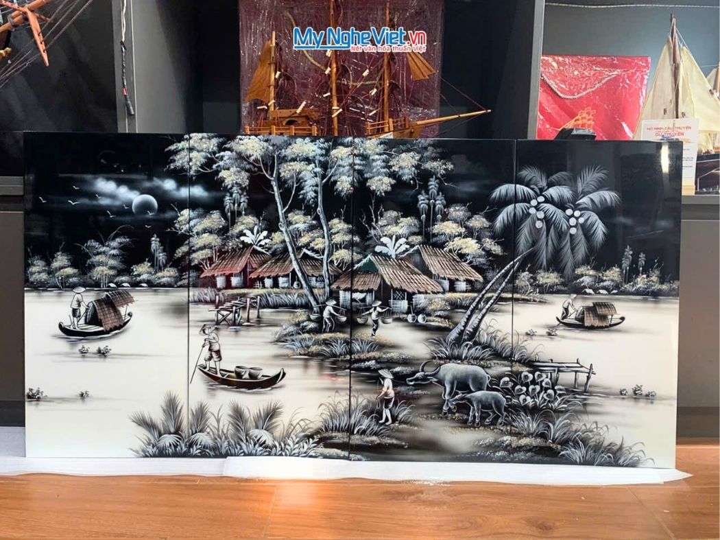 Bộ Tranh Sơn Mài Đồng Quê Trắng Đen