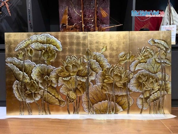 Bộ Tranh Sơn Mài Hoa Sen Dát Lá Vàng Đắp Nổi