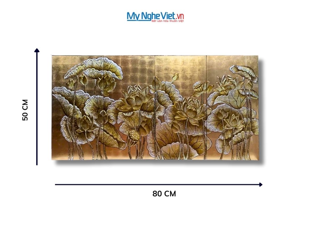 Bộ Tranh Sơn Mài Hoa Sen Dát Lá Vàng Đắp Nổi
