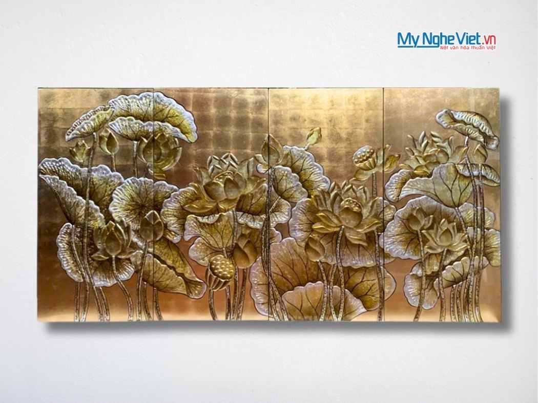 Bộ Tranh Sơn Mài Hoa Sen Dát Lá Vàng Đắp Nổi