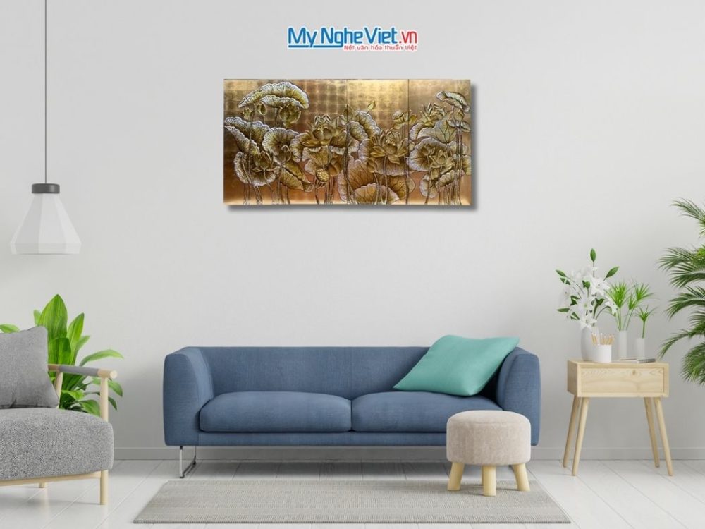 Bộ Tranh Sơn Mài Hoa Sen Dát Lá Vàng Đắp Nổi