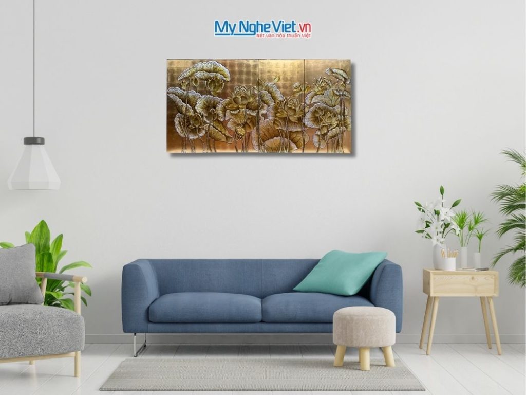 Bộ Tranh Sơn Mài Hoa Sen Dát Lá Vàng Đắp Nổi