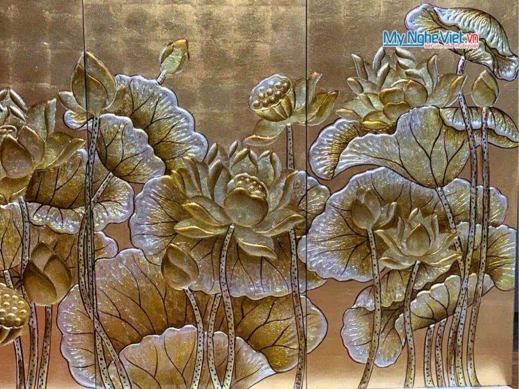 Bộ Tranh Sơn Mài Hoa Sen Dát Lá Vàng Đắp Nổi