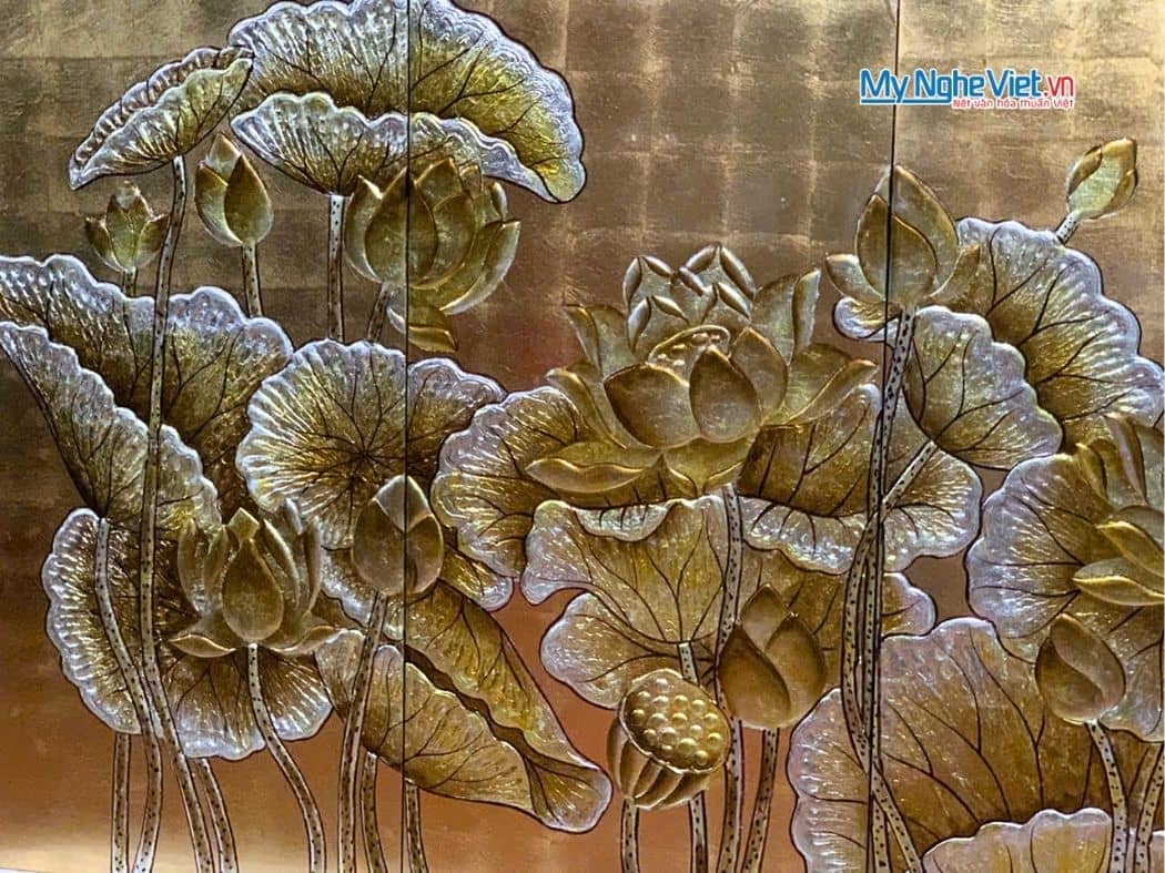 Bộ Tranh Sơn Mài Hoa Sen Dát Lá Vàng Đắp Nổi
