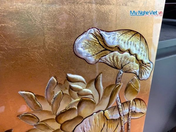 Bộ Tranh Sơn Mài Hoa Sen Dát Lá Vàng Đắp Nổi