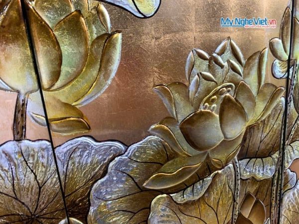 Bộ Tranh Sơn Mài Hoa Sen Dát Lá Vàng Đắp Nổi