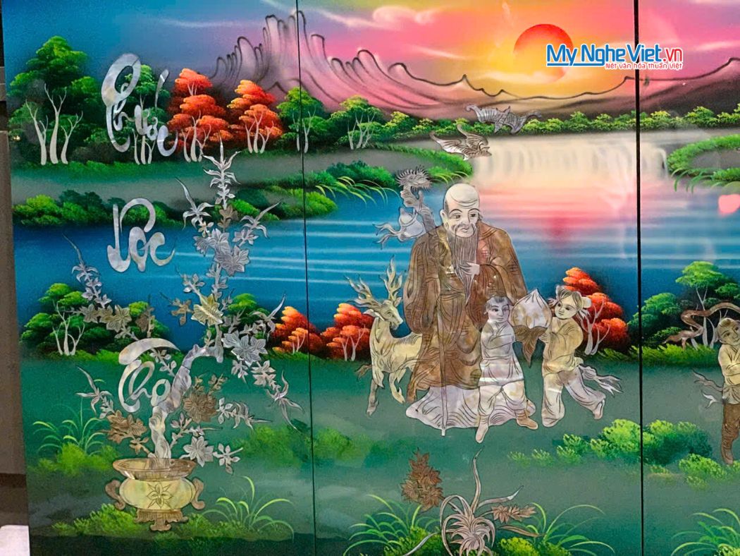 Bộ Tranh Sơn Mài Phúc Lộc Thọ Cẩn Ốc Nổi