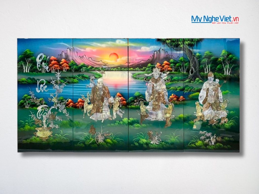 Bộ Tranh Sơn Mài Phúc Lộc Thọ Cẩn Ốc Nổi