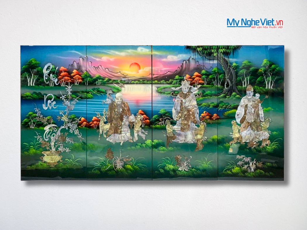 Bộ Tranh Sơn Mài Phúc Lộc Thọ Cẩn Ốc Nổi