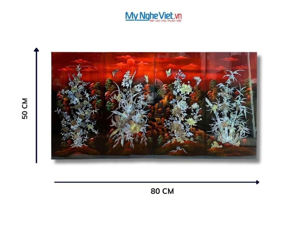 Bộ Tranh Sơn Mài Mai Lan cúc trúc Gốc nền Ấm Cẩn Ốc Nổi