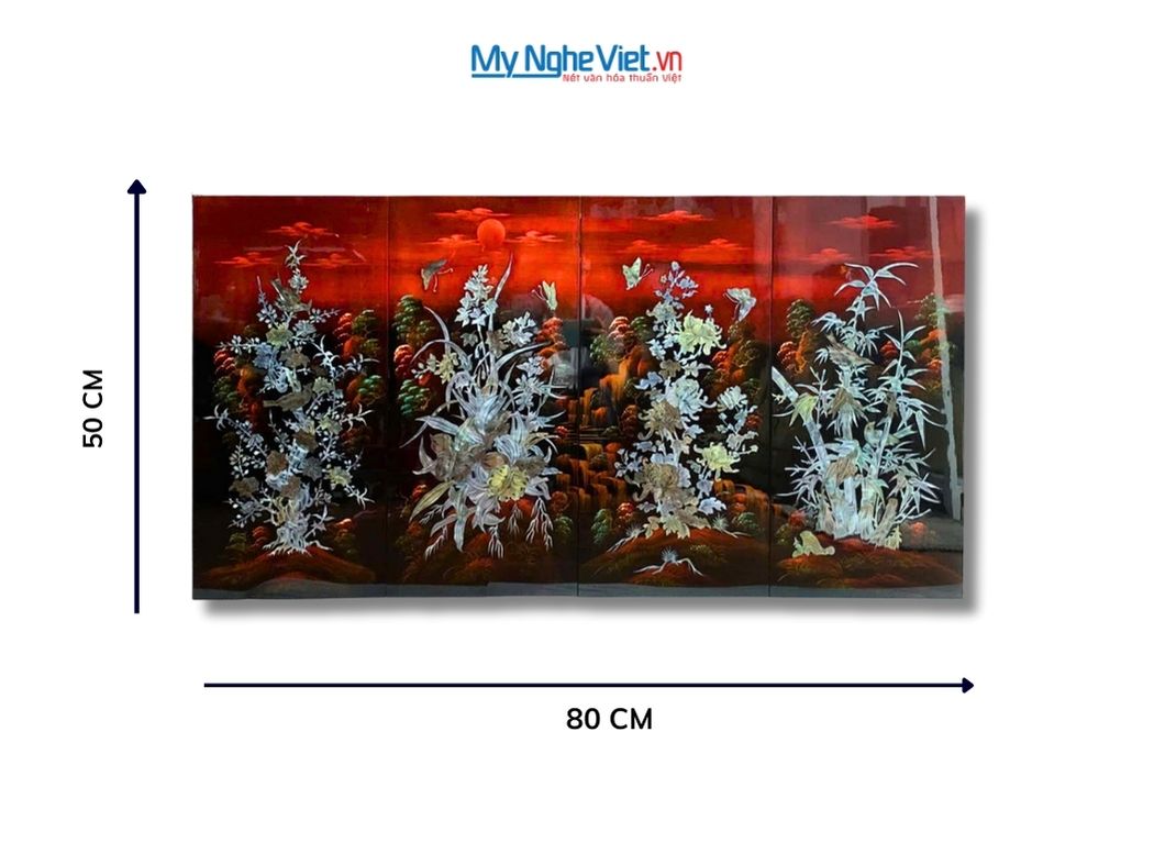 Bộ Tranh Sơn Mài Mai Lan cúc trúc Gốc nền Ấm Cẩn Ốc Nổi