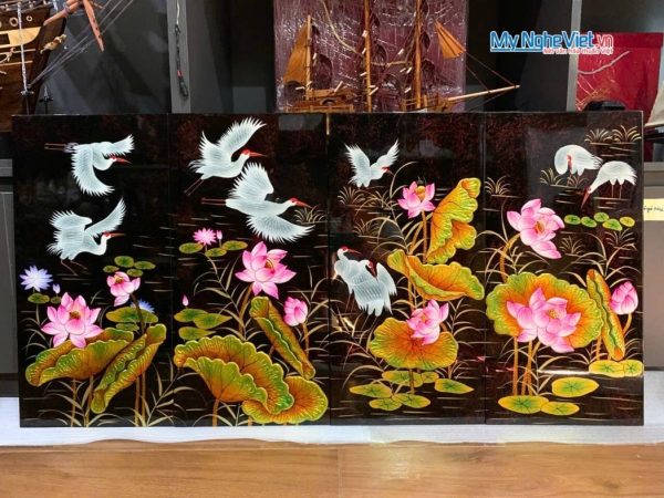 Bộ Tranh Sơn Mài Cò Sen Cát Tường Đắp Nổi