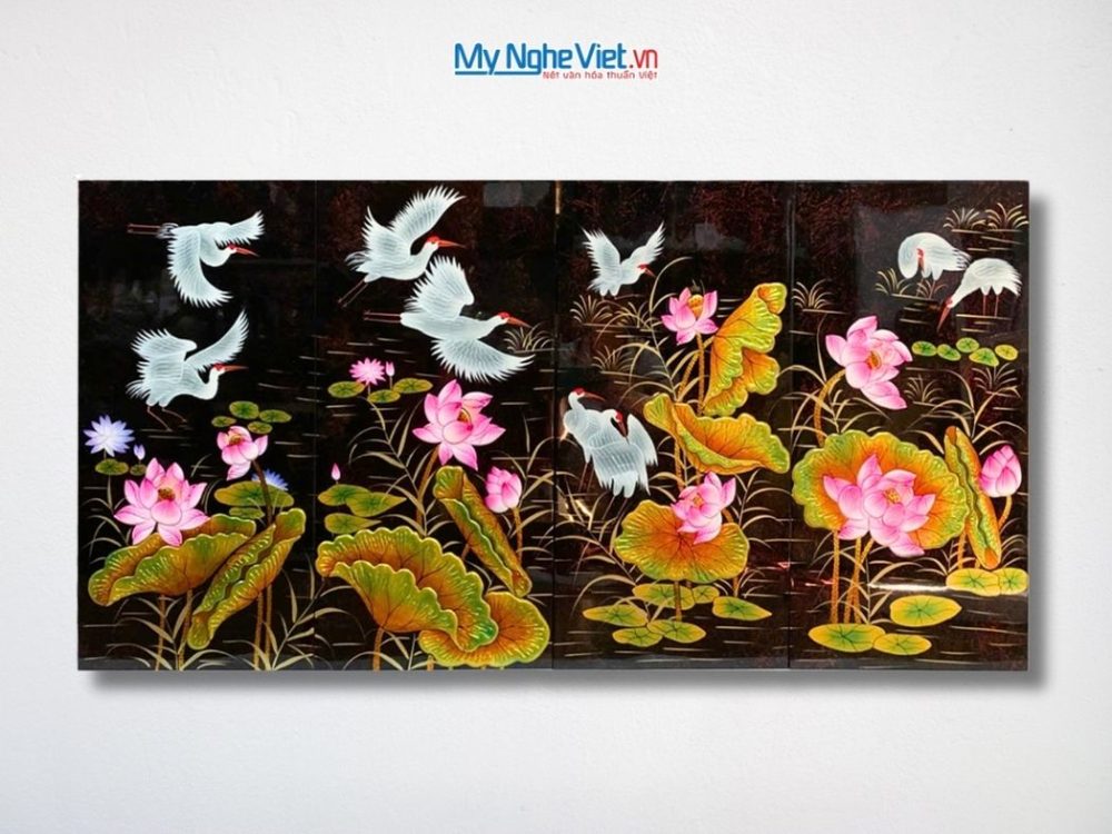Bộ Tranh Sơn Mài Cò Sen Cát Tường Đắp Nổi