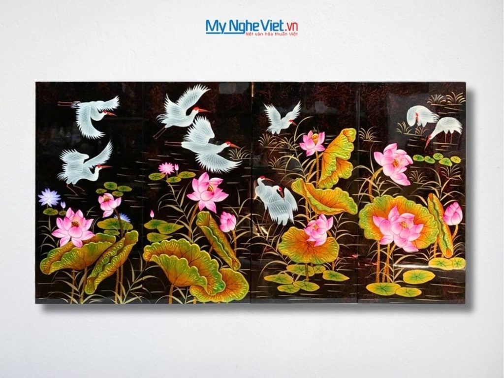 Bộ Tranh Sơn Mài Cò Sen Cát Tường Đắp Nổi