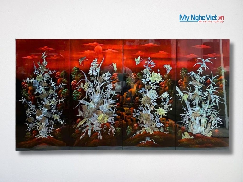 Bộ Tranh Sơn Mài Mai Lan cúc trúc Gốc nền Ấm Cẩn Ốc Nổi