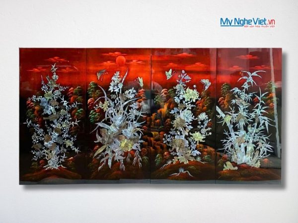 Bộ Tranh Sơn Mài Mai Lan cúc trúc Gốc nền Ấm Cẩn Ốc Nổi
