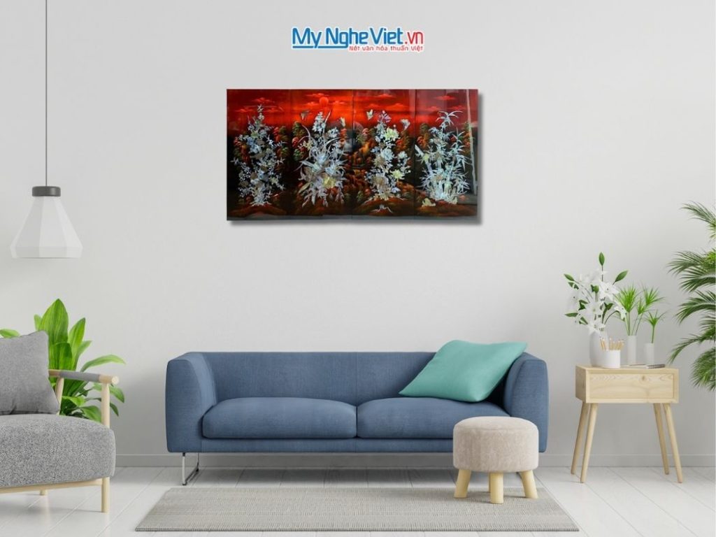 Bộ Tranh Sơn Mài Mai Lan cúc trúc Gốc nền Ấm Cẩn Ốc Nổi