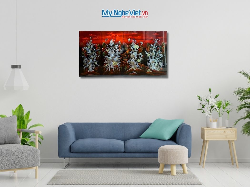 Bộ Tranh Sơn Mài Mai Lan cúc trúc Gốc nền Ấm Cẩn Ốc Nổi