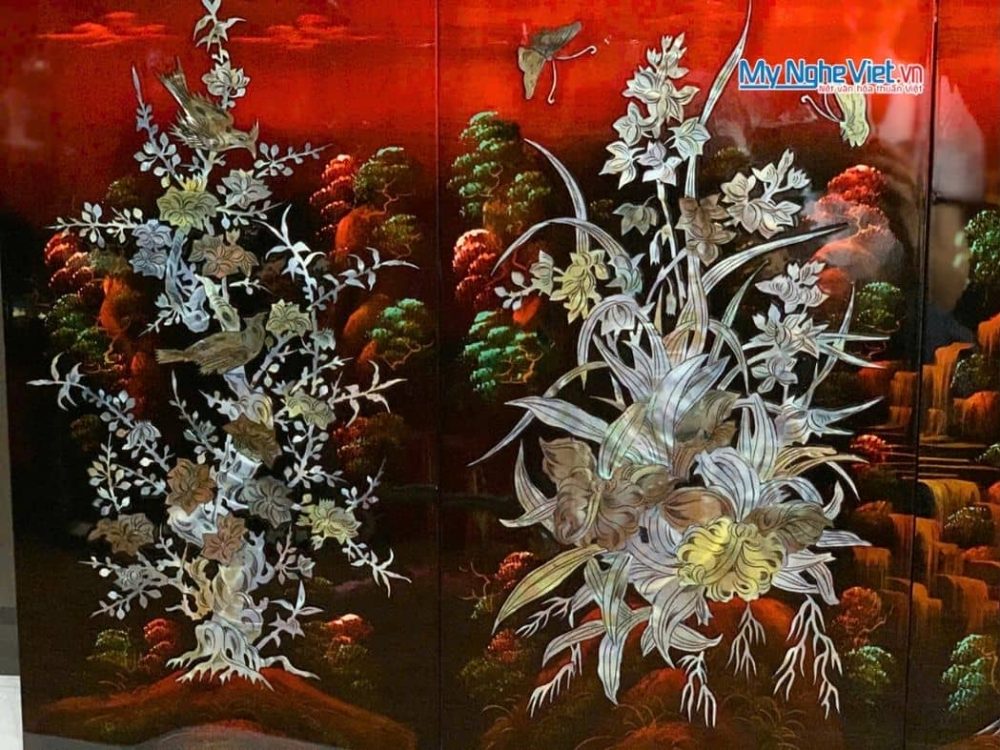 Bộ Tranh Sơn Mài Mai Lan cúc trúc Gốc nền Ấm Cẩn Ốc Nổi