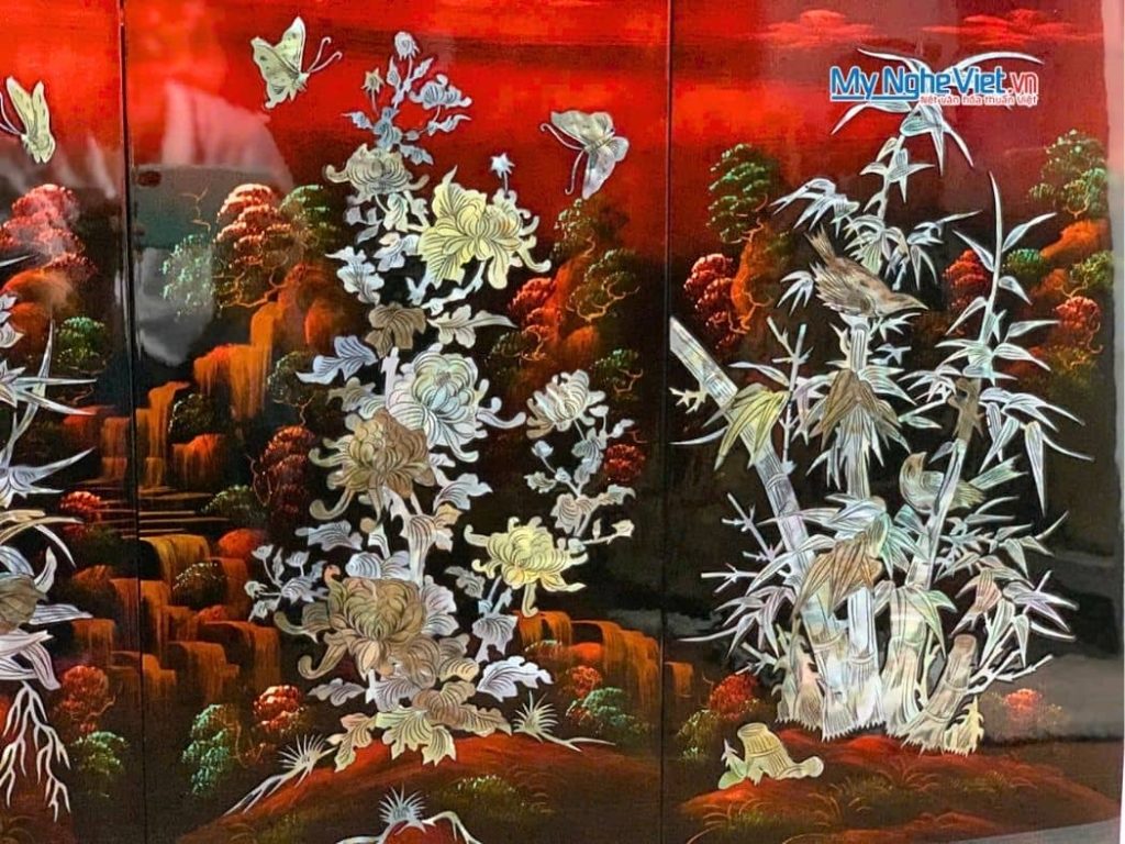 Bộ Tranh Sơn Mài Mai Lan cúc trúc Gốc nền Ấm Cẩn Ốc Nổi