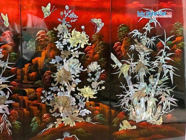 Bộ Tranh Sơn Mài Mai Lan cúc trúc Gốc nền Ấm Cẩn Ốc Nổi