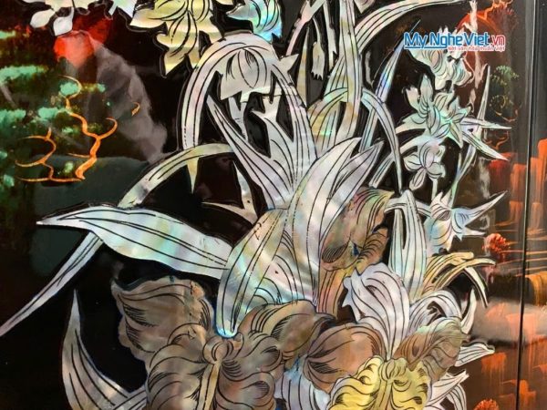 Bộ Tranh Sơn Mài Mai Lan cúc trúc Gốc nền Ấm Cẩn Ốc Nổi