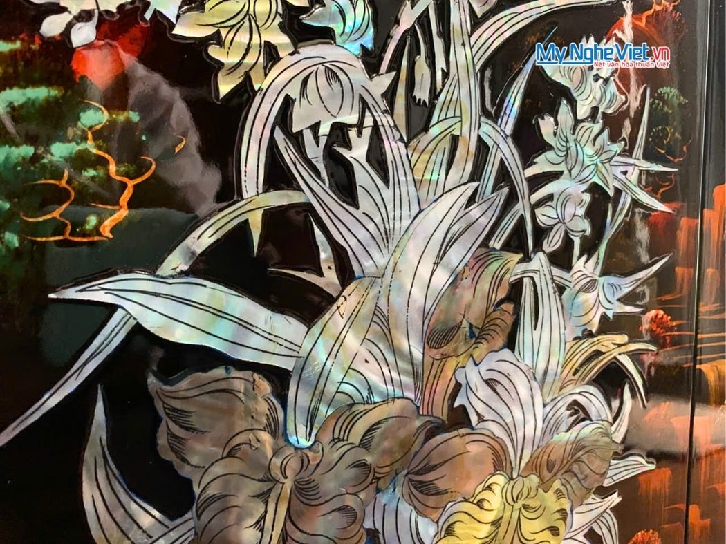 Bộ Tranh Sơn Mài Mai Lan cúc trúc Gốc nền Ấm Cẩn Ốc Nổi