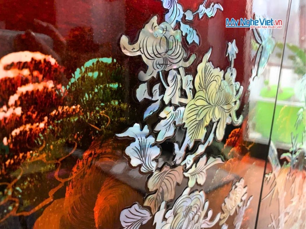 Bộ Tranh Sơn Mài Mai Lan cúc trúc Gốc nền Ấm Cẩn Ốc Nổi