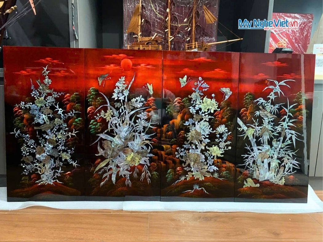 Bộ Tranh Sơn Mài Mai Lan cúc trúc Gốc nền Ấm Cẩn Ốc Nổi